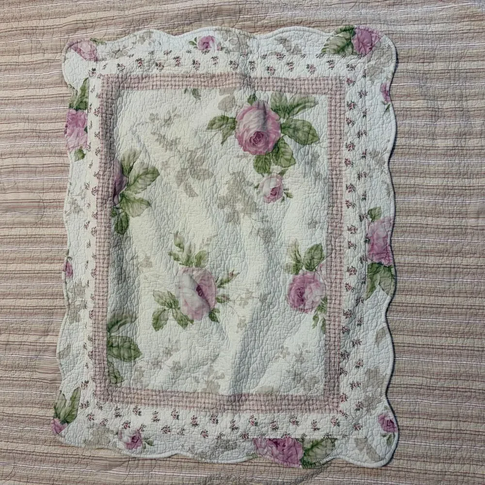 Laura Ashley Twin Floral White Pink Cottage Reversible Quilted Blanket Sham Set